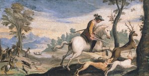 Metsästys peuroja ja villisia, Giovanni Francesco Barbieri, joka tunnetaan nimellä Guercino (1591-1666), fresko, 53x101 cm tekijältä Guercino