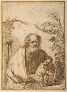 Pyhä Joosef ja Kristus-lapsi tarttumassa omenapuun oksaan (kynä ja muste paperille) tekijältä Guercino
