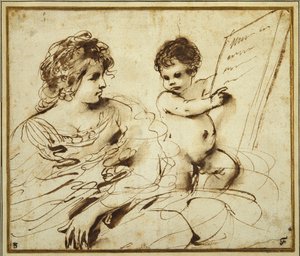 Istuva Sibyl ja putto, joka pitää pystyssä suurta kaiverrettua tablettia (kynä ja ruskea muste pesulla paperille) tekijältä Guercino