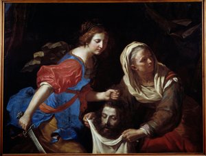 Judith ja Holofernes pää. Hänen palvelijattarensa Abra pitää laukkua, kun taas Judith laskee miehen pään. Giovanni Francesco Barbieri dit Guercinon maalaus (Guerchin tekijältä Guercino