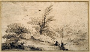 Maisema, jossa kaksi kalastajaa lepäämässä (kynä ja muste paperille) tekijältä Guercino
