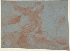 Istuva vanha mies oikea käsi ylhäällä (Tithonus) (recto) tekijältä Guercino