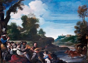 Summer Pleasures Maisema konsertilla. Giovanni Francesco Barbierin maalaus Guerchin dit Il Guercino (1591-1666) 1600-luvun su. 0,35x0,47 m Firenze, Uffizin galleria tekijältä Guercino