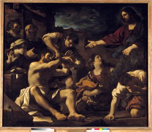 Lasaruksen ylösnousemus. Giovanni Francesco Barbieri Guerchin dit Il Guercinon (1591-1666) maalaus. 1619 Su. 2,01 x 2,33 m tekijältä Guercino
