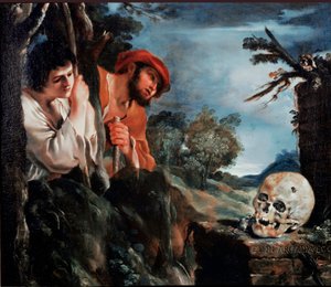 Arcadia Miesten paimenet Kreikan Peloponnesoksen saaren haudan ympärillä. Giovanni Francesco Barbieri Guerchinin maalaus (Vanita) Il Guercinossa (1591-1666) 1618 Rooman ympärillä, Galleria Corsini tekijältä Guercino