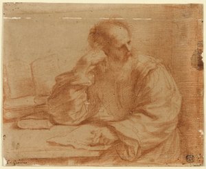 Parrakas mies istuu pöydän ääressä tekijältä Guercino