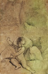 Amor piirtää nuolen viiveestä maisemassa, tekijältä Guercino