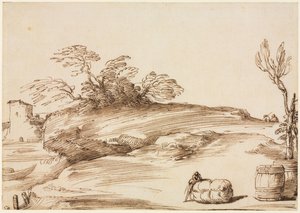 Maisema, jossa mies nojaa paalille, c. 1640. tekijältä Guercino