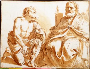 Istuva piispa ja polvistuva pyhimys tekijältä Guercino