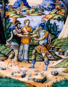 Lautanen: Latinus ja Aeneas, yksityiskohta, noin 1540 (majolika). tekijältä Guido (attr. to) Durantino