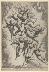 Ryhmä enkeleitä halaamassa lennossa, pilvien kehystettynä, n. 1607., n. 1607. tekijältä Guido Reni