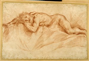 Pelästynyt alaston mies, makaamassa kalliolla (punainen liitu paperilla) tekijältä Guido Reni