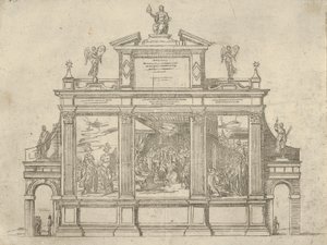 Voittomonumentin julkisivu, jossa on kolme kohtausta, jotka kuvaavat paavi Klemens VIII:n tekoja, vuonna 1598. tekijältä Guido Reni