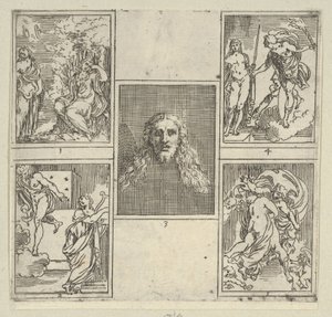 Viisi numeroitua kohtausta, jokainen Accademia Degli Incamminatin taidemaalarin mukaan elokuvasta IL FUME..., 1603. tekijältä Guido Reni