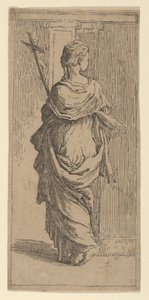 Tyttö kantaa krusifiksia ja astumassa kohti pilasteria takaa katsottuna, n. 1590-1600. tekijältä Guido Reni