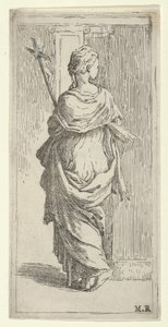 Tyttö kantaa krusifiksia ja astumassa kohti pilasteria takaa katsottuna, n. 1590-1600. tekijältä Guido Reni