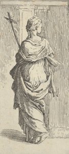 Tyttö kantaa krusifiksia ja astumassa kohti pilasteria takaa katsottuna, n. 15..., n. 1590-1600. tekijältä Guido Reni