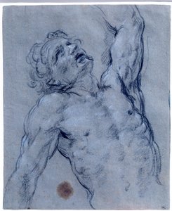Puolikas alaston miehen hahmo, kääntyy taaksepäin, teeskentelee kärsivänsä Guido Renin musta kivipiirros nimeltään Opas (1573-1642). Aurinko 0,26x0,21 m Pariisi, musee du Louvre tekijältä Guido Reni