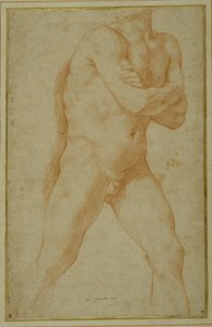 Alaston mies astuu eteenpäin, kädet ristissä ja katsoo tämän oikean olkapään yli (punainen liitu kermapaperilla) tekijältä Guido Reni