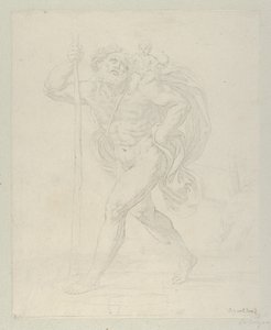 Pyhä Christopher kävelee Kristus-lapsen kanssa vasemmalla olkapäällään, vastapro..., n. 1600-1640. tekijältä Guido Reni