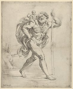 Pyhä Christopher kävelee Kristus-lapsen kanssa oikealla olkapäällään, n. 1600-1640. tekijältä Guido Reni
