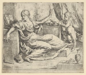 Istuva nainen pitelee tablettia ja kompassia allegoria oppimisesta, siivekäs putto ..., n. 1600-1640. tekijältä Guido Reni