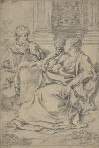 Pyhä perhe istui yhdessä kolonadin edessä, Pyhä Joosef lukee ja..., n. 1590-1610. tekijältä Guido Reni