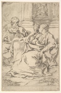 Pyhä perhe Raamatun kohtauksella taustalla. tekijältä Guido Reni