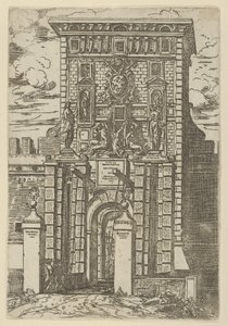 Porta Galliera, Bolognan sisäänkäynnin portti ja laskusilta väliaikaisilla koristeilla..., 1598. tekijältä Guido Reni