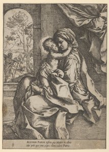 Neitsyt istuu Kristuslapsi sylissään syleilemässä häntä, Joosef näki..., n. 1600-1613. tekijältä Guido Reni