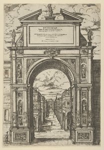 Riemukaari, jonka päällä on patsas, joka edustaa Bolognan kaupunkia, rakennuksia nähtynä..., 1598. tekijältä Guido Reni