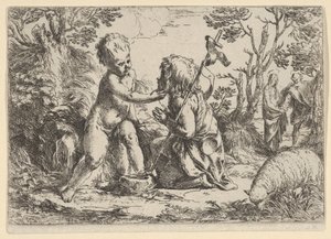 Nuori pyhä Johannes Kastaja polvistumassa Kristuksen lapsen edessä, joka hyväilee hänen f..., n. 1600-1640. tekijältä Guido Reni