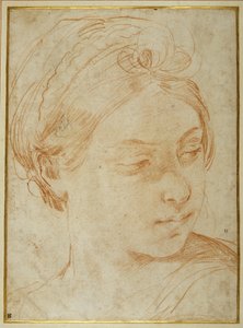Nuoren naisen pää, käännettynä katsomaan vasemman olkapäänsä yli (punainen liitu valkoisella paperilla) tekijältä Guido Reni