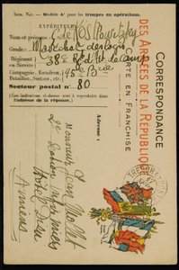 Nimikirjoituspostikortti Jean Molletille, päivätty 16. syyskuuta 1915 tekijältä Guillaume Apollinaire