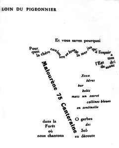 Guillaume Apollinairen (1880-1918) kalligrammi: "" Kaukana kyyhkynen""