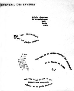Guillaume Apollinairen (1880-1918) kasvoja kuvaava kalligrammi: "Makujen tapahtumat"