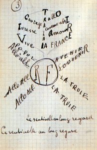 Guillaume Apollinairen kalligrammi - tekstillä "" Puuvilla korvissa"", 17 lehden nimikirjoitus tekijältä Guillaume Apollinaire