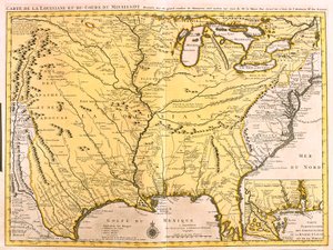 Louisianan (USA) ja Mississippi-joen kartta (etsaus tekijältä Guillaume Delisle