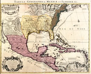 Meksikon ja Floridan (USA) kartta Karibian saarilla (Kuuba, Haiti, Jamaika, Antillit) (etsaus