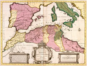 Pohjois-Afrikan (Mauritania, Marokko, Algeria, Tunisia, Libya) ja Euroopan (Espanja, Portugali, Ranska, Italia, Kreikka ja Baleaarit, Sardinia, Korsika ja Sisilia) kartta (etsaus)