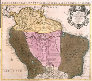 Perun, Guyanan, Brasilian ja Amazonin alueiden kartta (etsaus tekijältä Guillaume Delisle