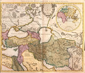 Kartta Kaspianmeren naapurivaltioista (Venäjä, Armenia, Persia, Kazakstan, Turkmenistan) (etsaus