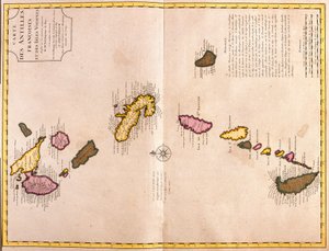 Karibian saarten kartat (Guadeloupe, Marie Galante, Dominica, Martinique, Saint Lucia, Saint Vincent, Barbados, Grenadiinit ja Grenada) (etsaus tekijältä Guillaume Delisle