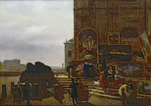 Maalausten myynti Institut de Francen ulkopuolella, 1837 tekijältä Guillaume Frederic Ronmy