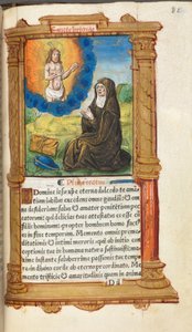 Painettu tuntikirja (Rooman käytössä): fol. 90r, Pyhä Bridget rukoilemassa ennen Kristuksen ilmestymistä. tekijältä Guillaume Le Rouge