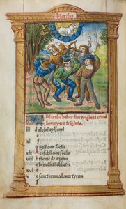 Painettu tuntikirja Rooman käyttö: fol. 4v, maaliskuun kalenterikuva, 1510. tekijältä Guillaume Le Rouge