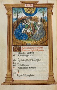Painettu tuntikirja Rooman käyttö: fol. 5v, huhtikuun kalenterikuva, 1510.