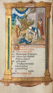 Painettu tuntikirja Rooman käyttö: fol. 9v, elokuun kalenterikuva, 1510. tekijältä Guillaume Le Rouge