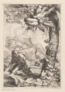 Allegorinen esitys kehutusta naisesta, joka kastelee Calabash-puuta; taustalla hahmot nousevat vuorelle Nimisivu: Giovanni Baptista Ferrari, Fasti Senenses, Ab Academia Intronatorum Editi, 1661 tekijältä Guillaume Vallet