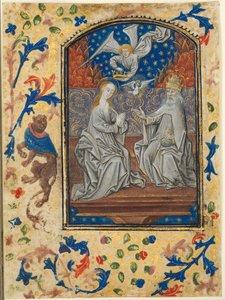 Lehti tuntikirjasta: Neitsyt ja lapsi Enthroned, n. 1470-1480.
